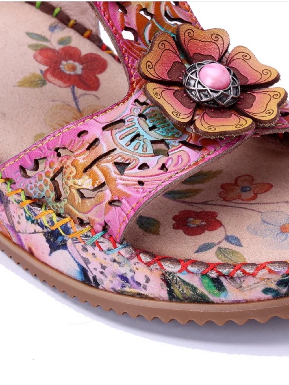 Pink Floral Leather Women's Sandals with Decorative Flower